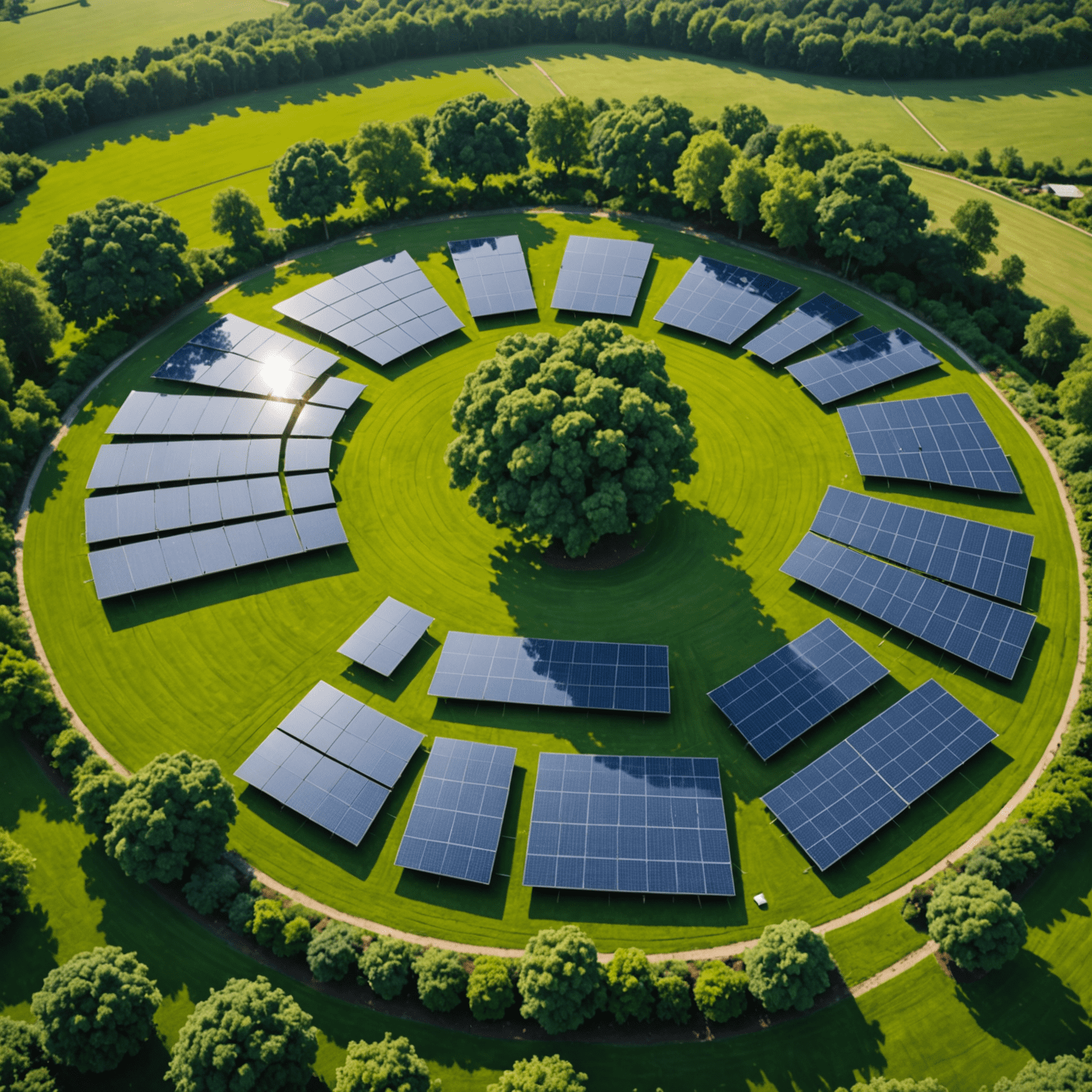 Großflächige Solaranlage in einer üppigen grünen Landschaft, die die Harmonie zwischen Technologie und Natur symbolisiert