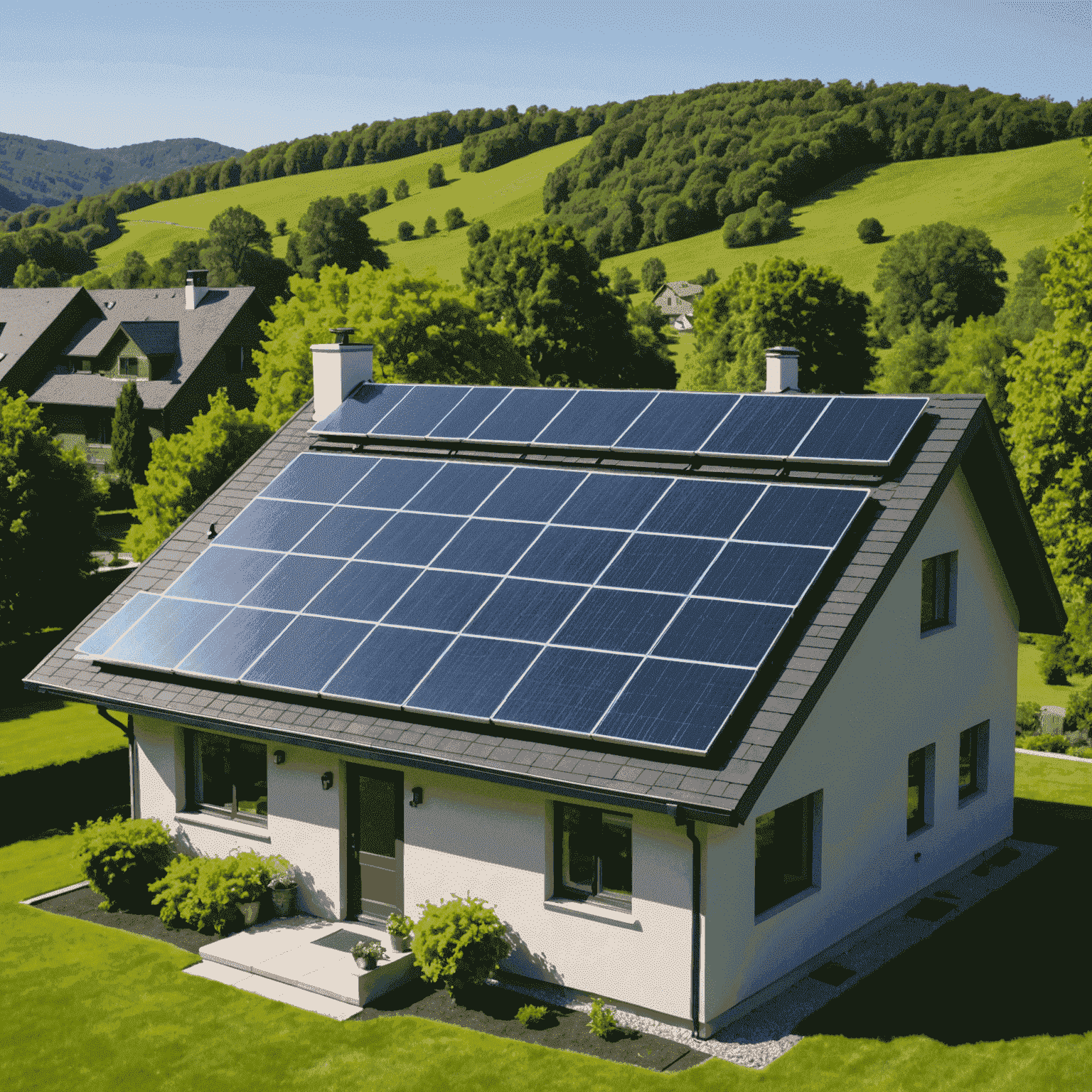 Ein modernes Solarmodul-Array auf dem Dach eines Hauses, das die Sonne einfängt und in saubere Energie umwandelt. Im Hintergrund ist eine grüne Landschaft zu sehen, die die Umweltfreundlichkeit der Technologie symbolisiert.