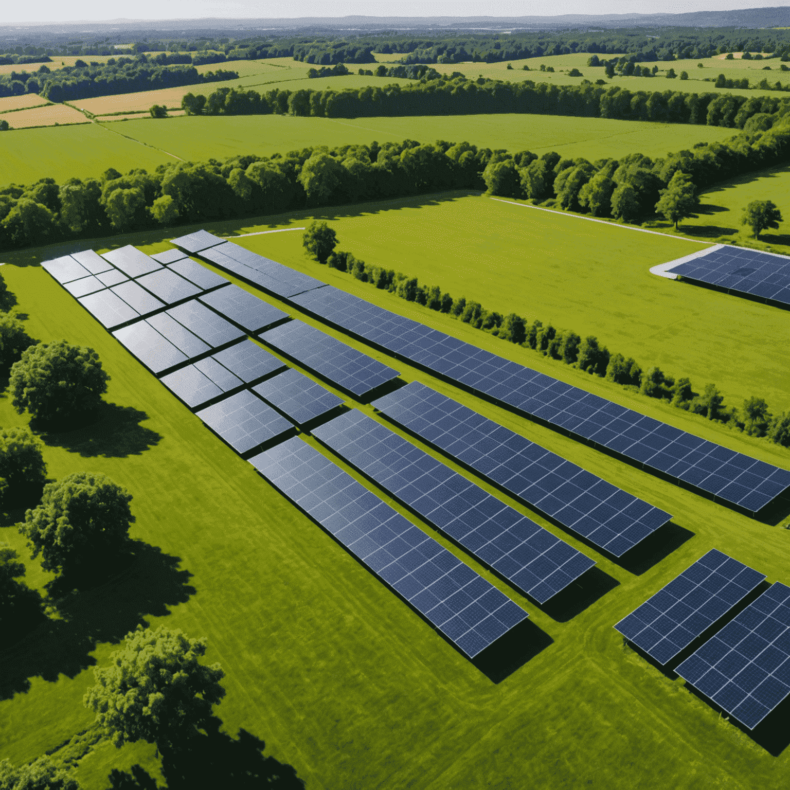 Ein hochmodernes Solarpanel-Array in einer grünen Landschaft, das die neuesten Technologien zur Steigerung der Energieumwandlungsraten zeigt