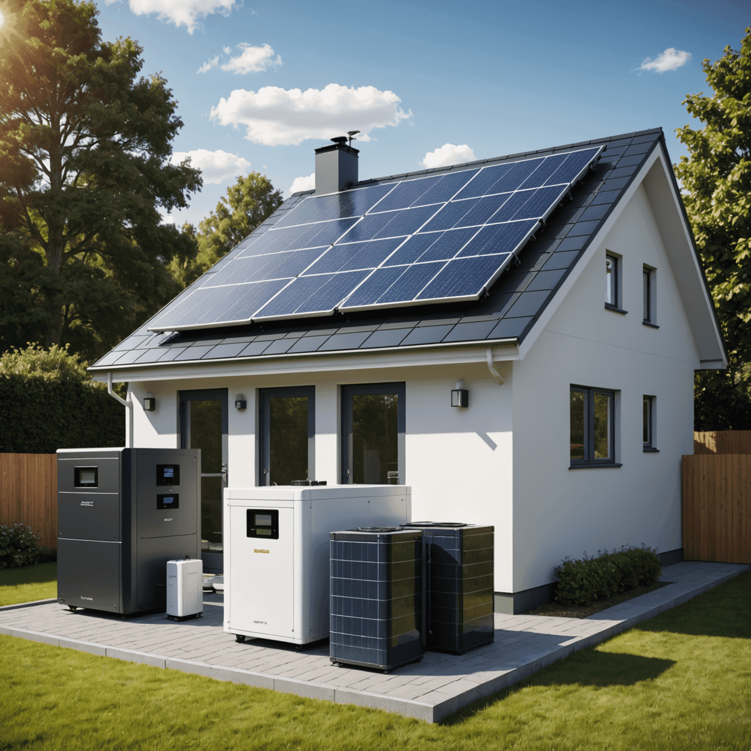 Eine moderne Solaranlage mit Batteriespeichern neben einem Wohnhaus. Die Batterien sind in einem schlanken, weißen Gehäuse untergebracht und mit den Solarpanelen auf dem Dach verbunden.