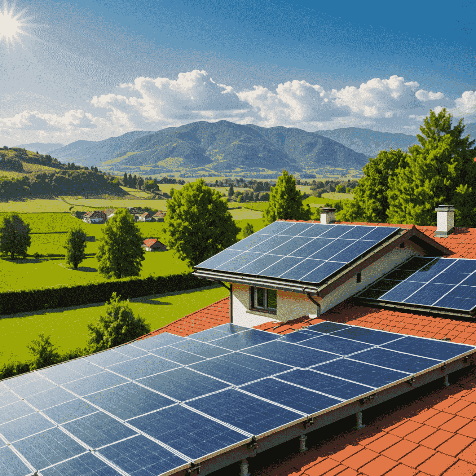 Eine Reihe von Solarpanelen auf einem Hausdach mit einer grünen Landschaft im Hintergrund, die die Kosteneffizienz und Umweltfreundlichkeit der Solarenergie symbolisieren