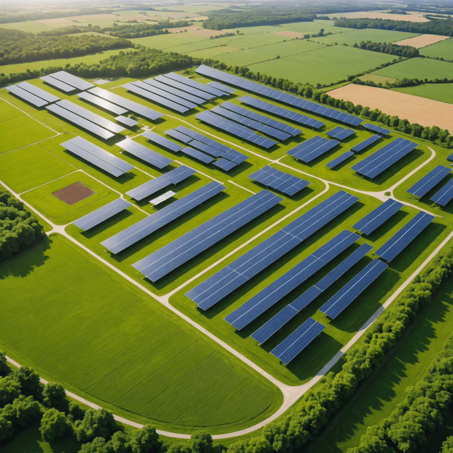 Eine Luftaufnahme eines großen Solarparks inmitten grüner Landschaft, die die Symbiose zwischen erneuerbarer Energie und Natur symbolisiert