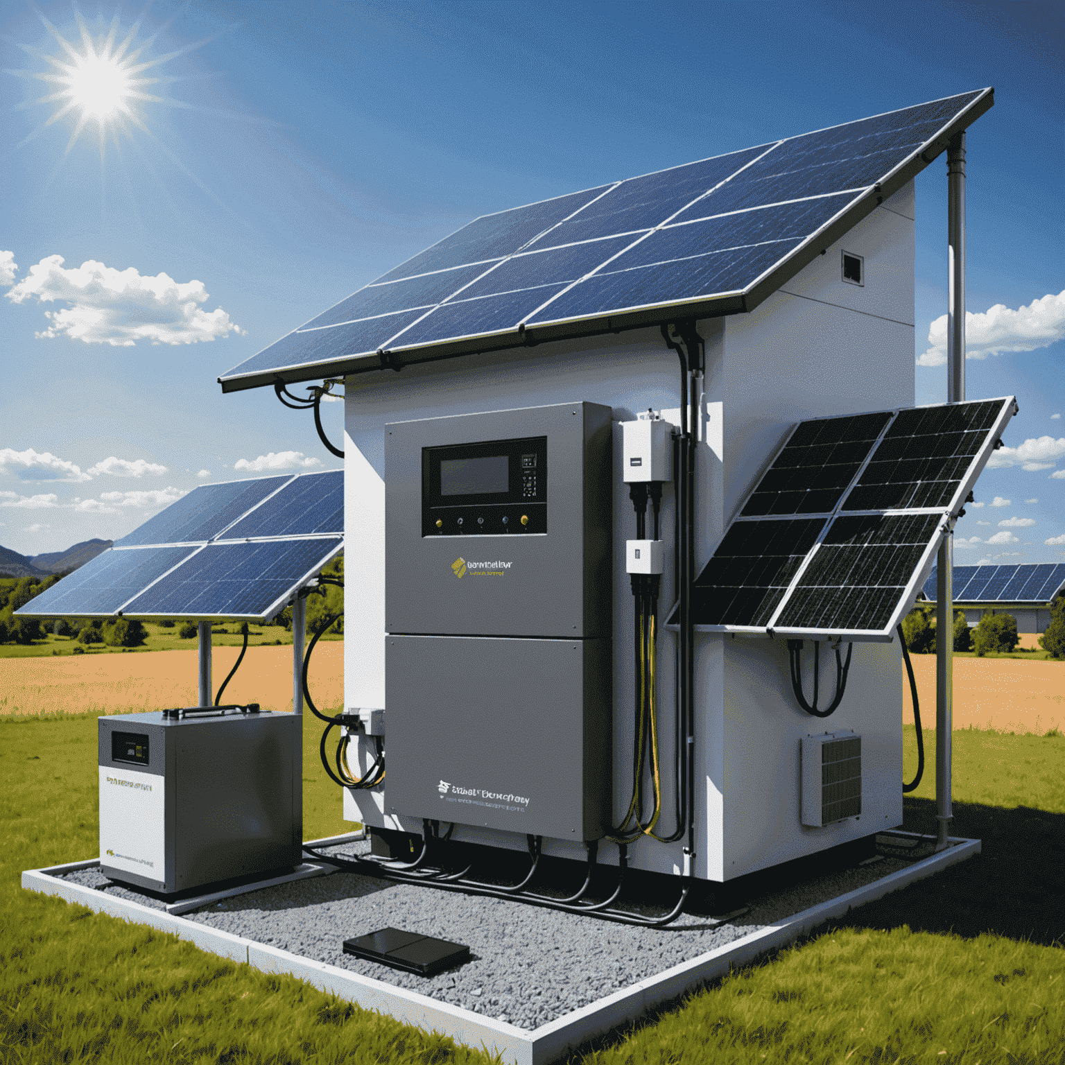 Schematische Darstellung eines Lithium-Ionen-Batteriespeichers für Solaranlagen. Das Diagramm zeigt den Energiefluss von den Solarpanelen über den Wechselrichter in die Batterie und zum Hausstromnetz.