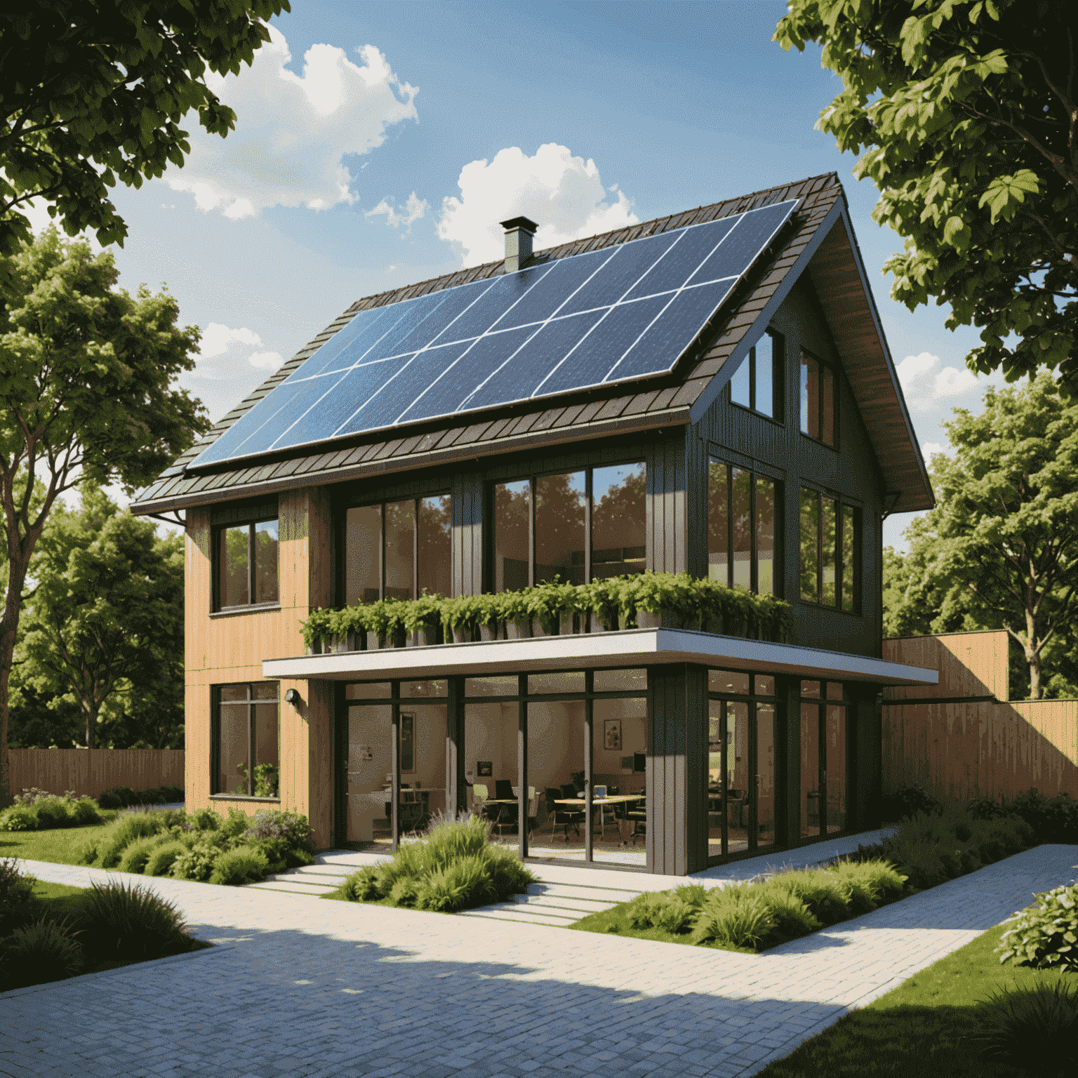 Modernes, umweltfreundliches Büro mit Solarmodulen auf dem Dach und grüner Umgebung