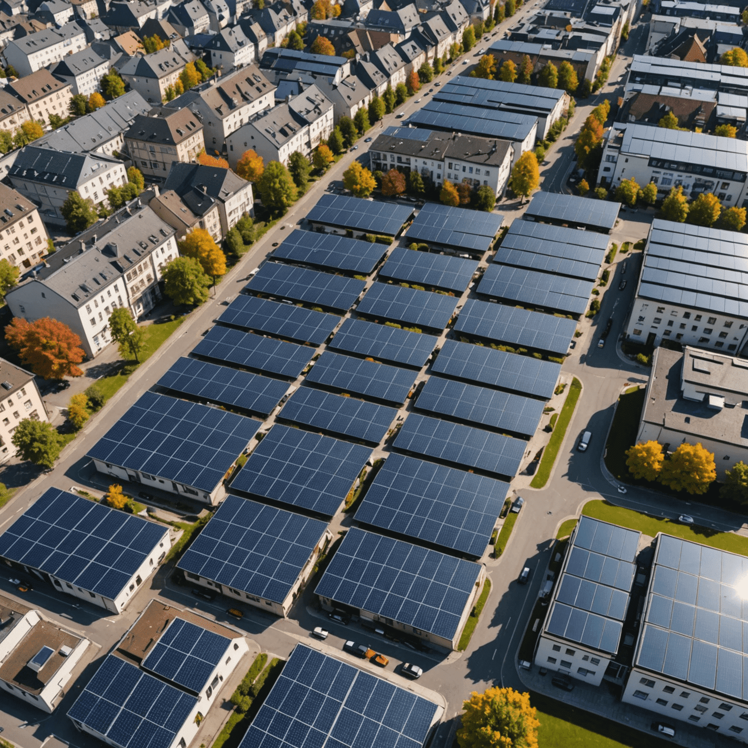 Luftaufnahme einer deutschen Stadt mit zahlreichen Solardächern, die die weitreichende Adoption von Solarenergie zeigen