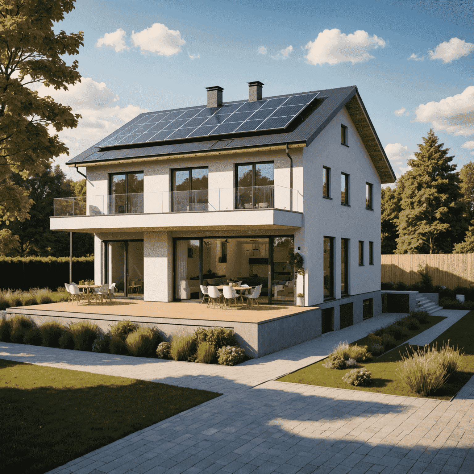 Ein modernes Haus mit integrierten Solarpanels auf dem Dach und einer sichtbaren Batterie-Speichereinheit im Vordergrund