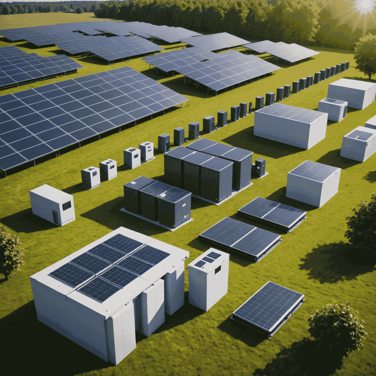 Moderne Batteriespeichersysteme neben Solarmodulen, die die Integration von Energieerzeugung und -speicherung darstellen